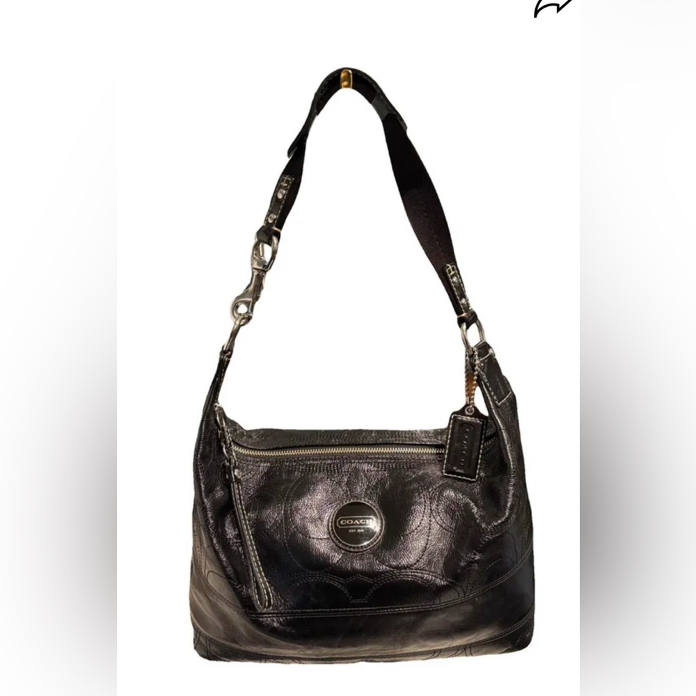 Coach Signature Stripe Stitched Patent
Leather Black Hobo Bag.